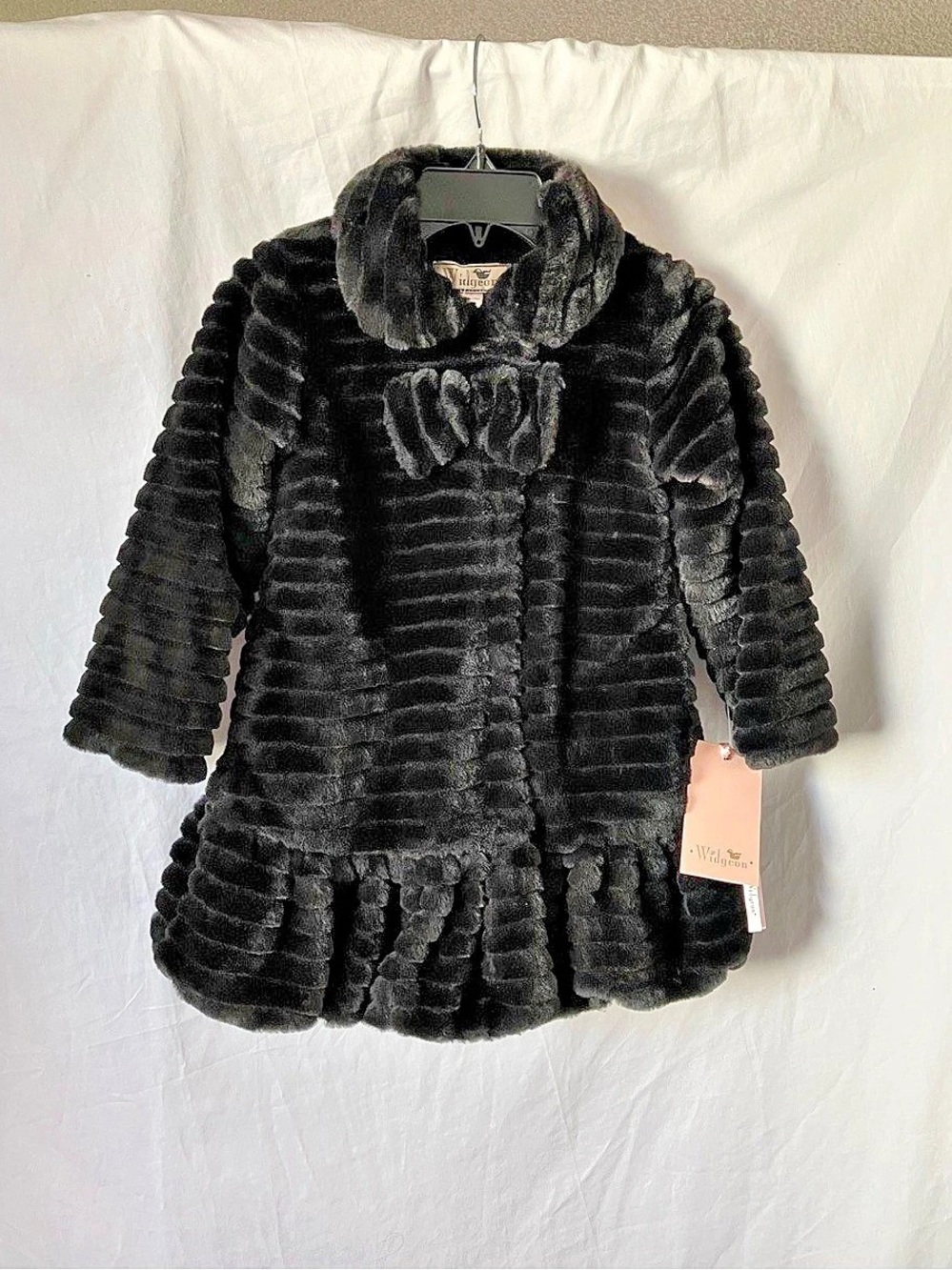 NWT Widgeon Girls Black Faux Fur Winter Coat Jacket Size 6X Peplum Bow
